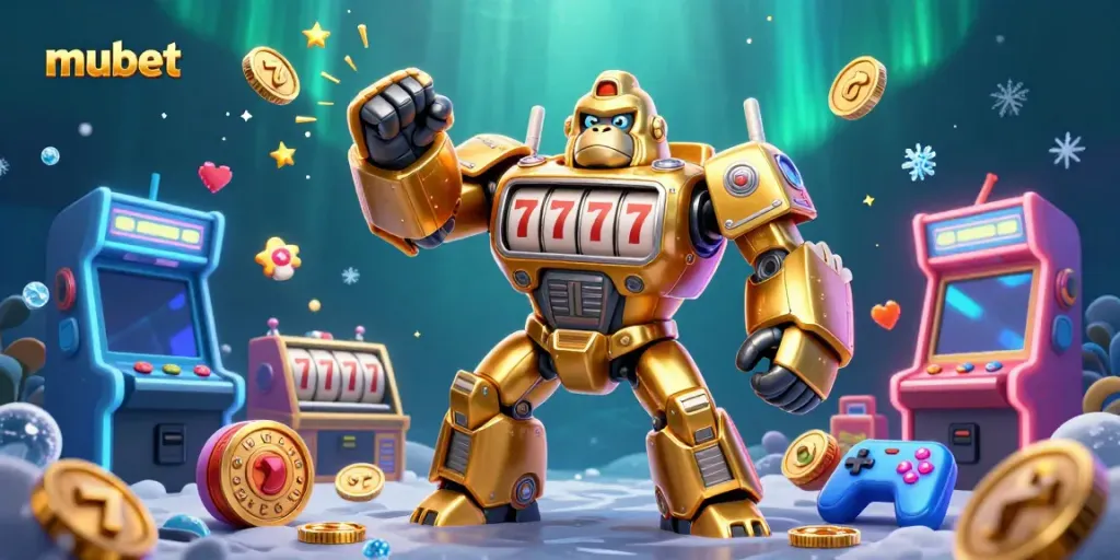 Experience mubet action with a dynamic 3D mech gorilla surrounded by casino elements and game machines.