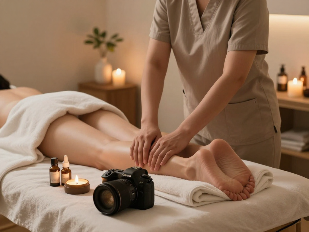 마포출장마사지 therapist preparing for a soothing home massage session with calming decor.