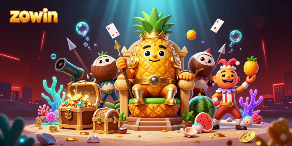 Zowin players enjoying a vibrant beach casino scene with a golden pineapple king and colorful game elements.