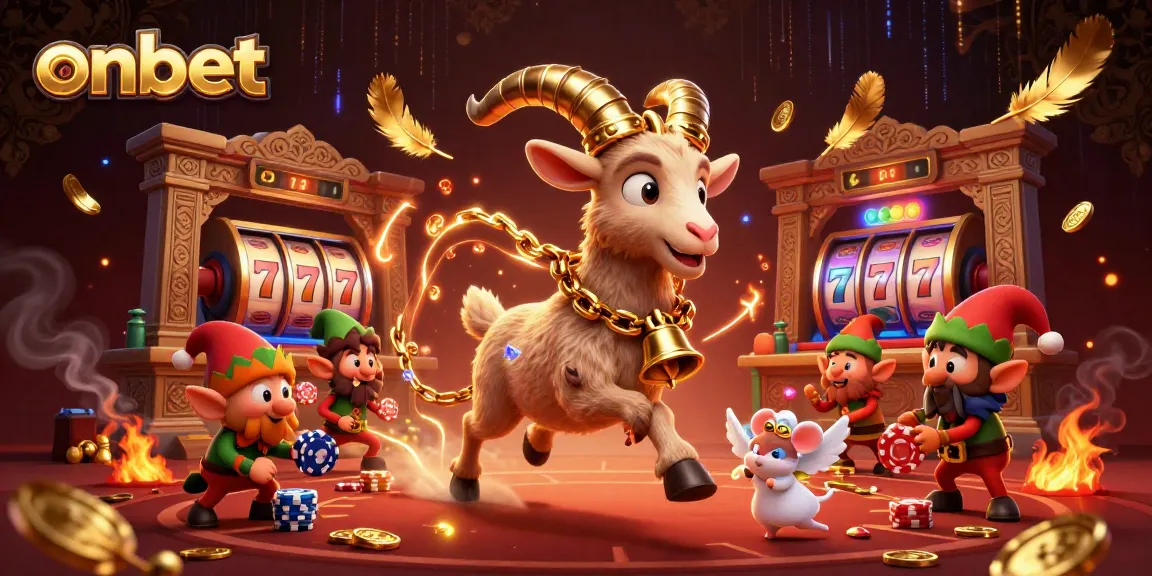 Engage with Onbet's thrilling gaming experience through a lively casino scene featuring spooky Krampus and mischievous elves.