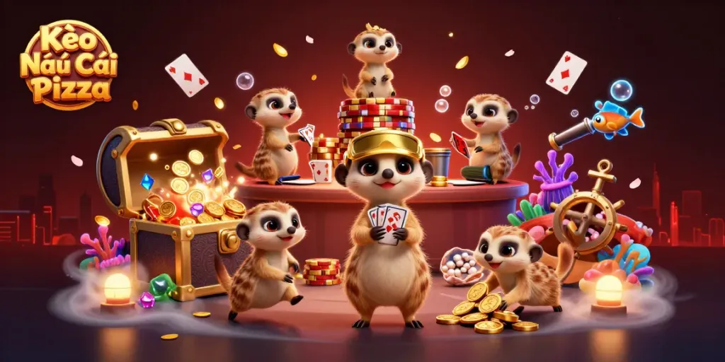 Experience the excitement of Kèo Nhà Cái Pizza with an engaging casino scene featuring meerkats.