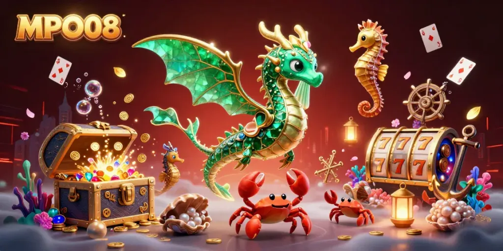 MPO08 engaging players with a vibrant sea dragon illustration showcasing treasures and gaming elements.