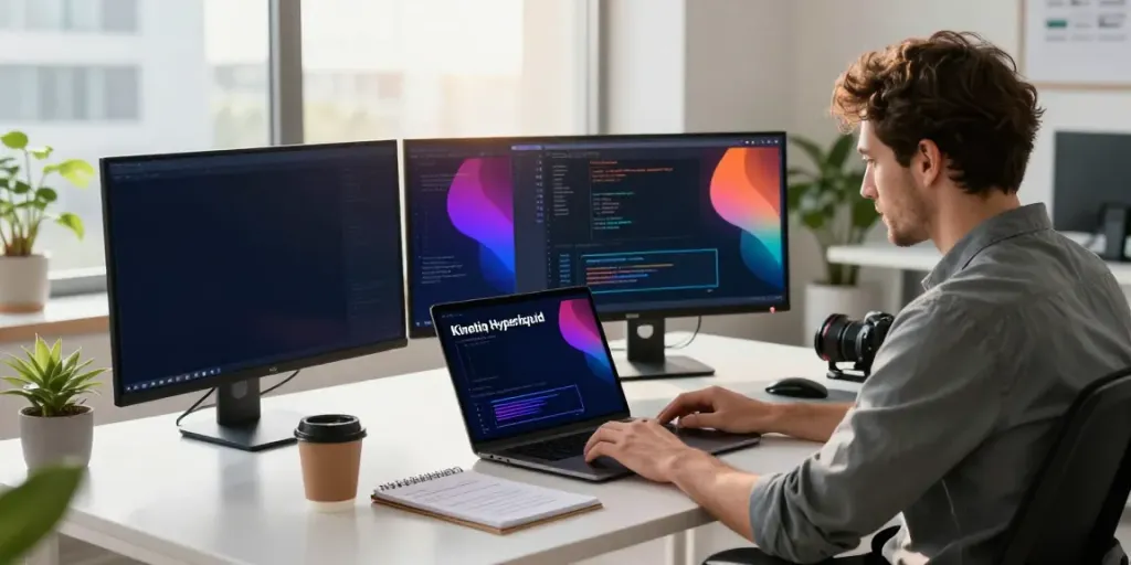 Engaging scene of blockchain developer working on HYPE liquid staking dashboard in modern office.