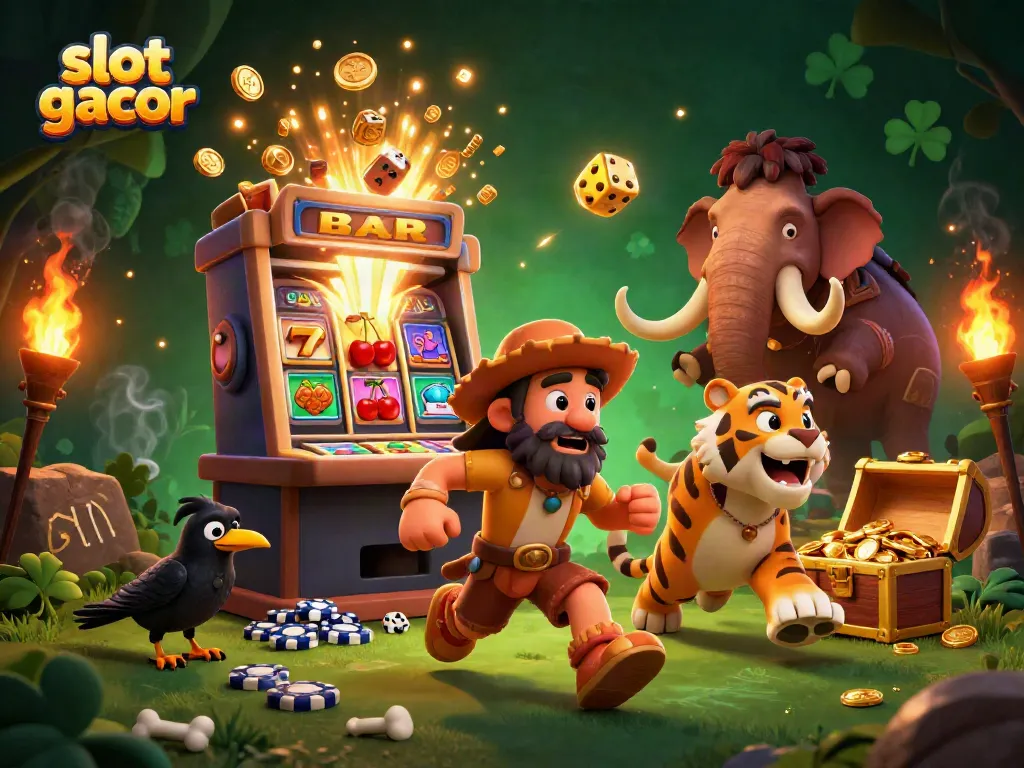 Play thrilling slot gacor games in a vibrant prehistoric casino scene filled with fun details.