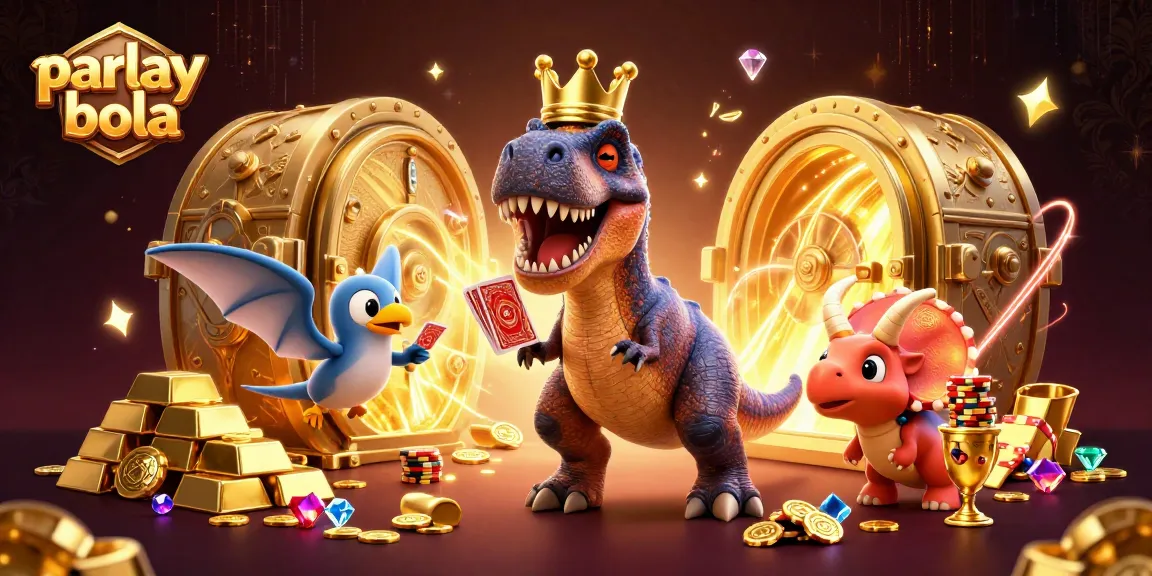 Engage in parlay bola with a vibrant scene of dinosaur characters enjoying a thrilling casino experience.