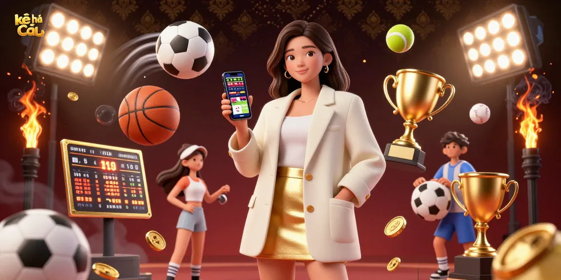 Kèo nhà cái sports betting illustration with an Asian woman engaging with a smartphone app in a vibrant scene.