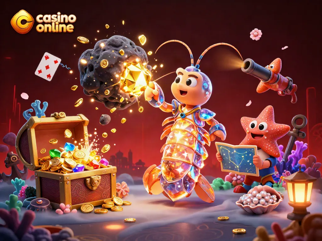 Ganando en un casino online: Mantis y estrella de mar en acción entre joyas y cartas.