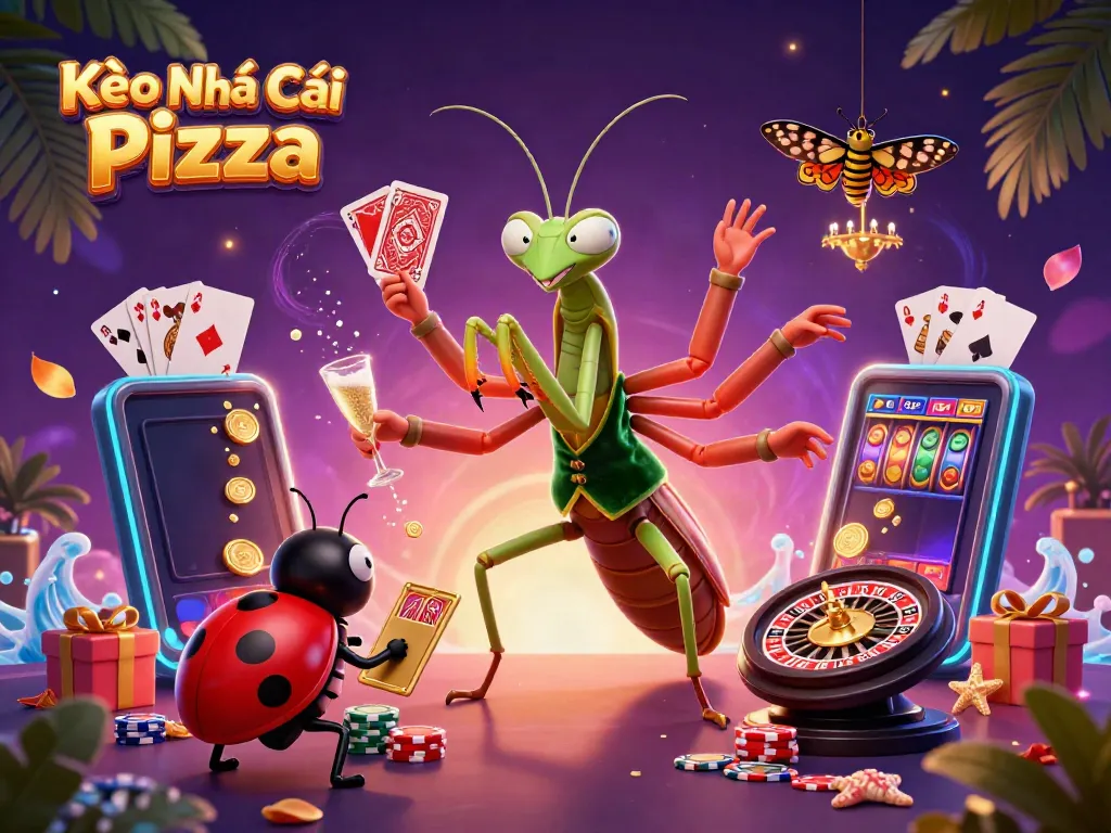 Kèo Nhà Cái Pizza scene showcasing a giant mantis card sharp and ladybug pit boss amidst vibrant casino elements.