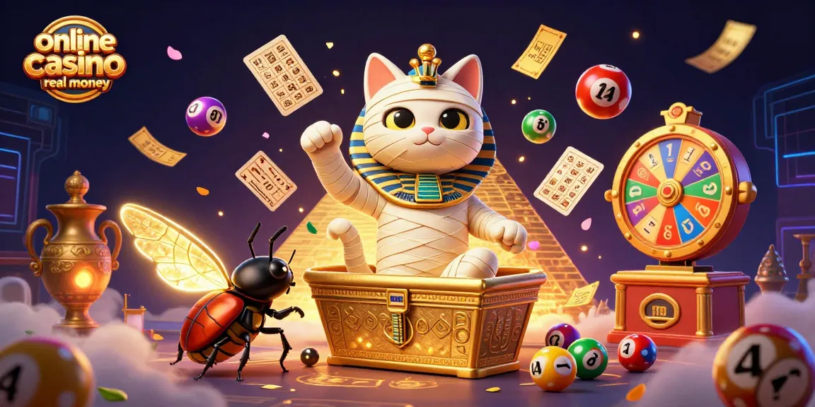 Engage in the vibrant world of online casino real money featuring a mummy cat, scarab beetle, and lottery elements.