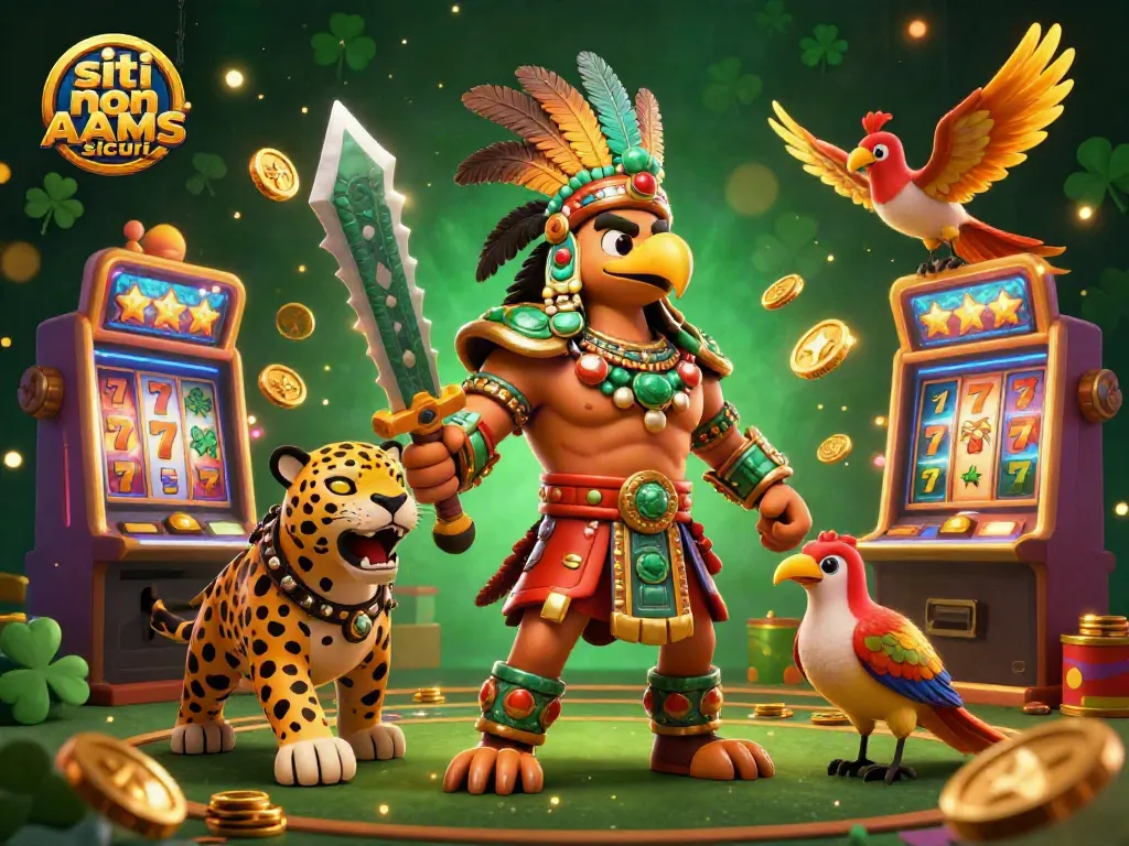 Vinci con i siti non AAMS sicuri: immagine di un casinò colorato con guerriero Azteco e macchine da gioco.