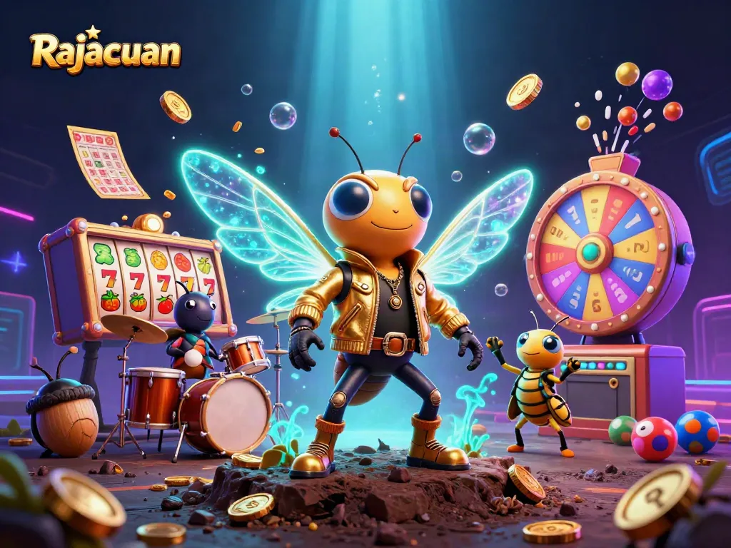 Join Rajacuan in a vibrant 3D casino scene filled with slot reels, winning symbols, and excitement.