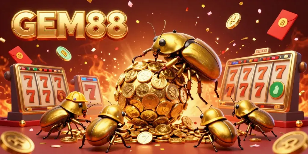 Experience GEM88's vibrant online casino world with golden coins rolling and slot elements.