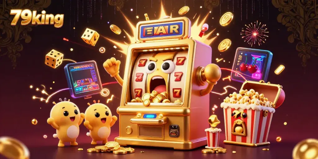 79king slot machine hits the jackpot, surrounded by cheering baby slot machines and golden treasures.