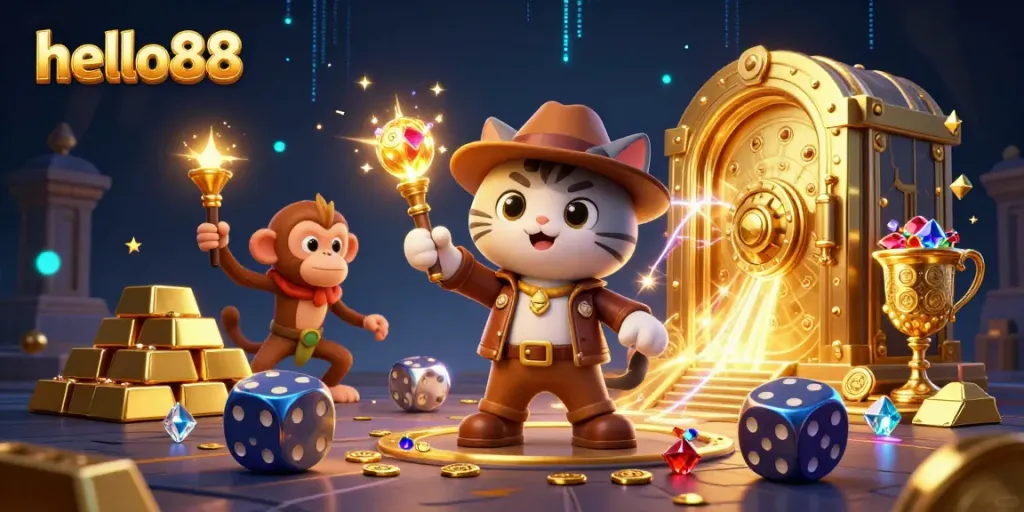 Engage in thrilling adventures at hello88 with a cartoon archaeologist cat uncovering a casino treasure.