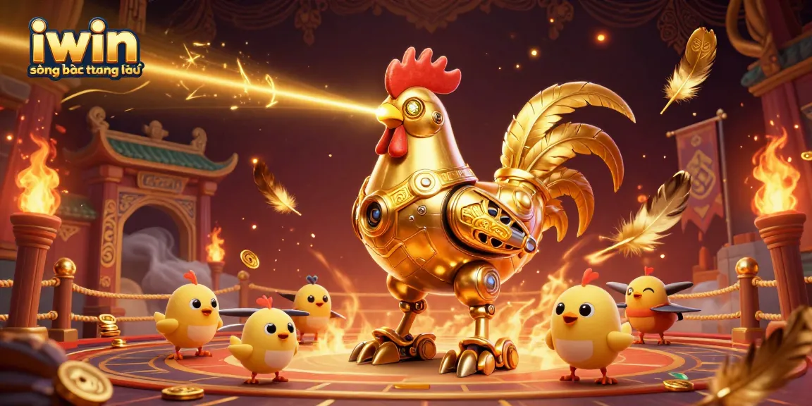 Engage in thrilling gameplay at iwin sòng bạc thượng lưu, featuring a golden rooster robot amid dynamic betting elements.