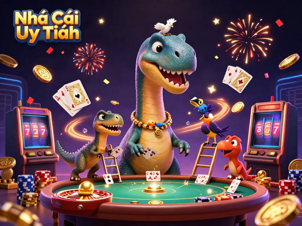 Engaging scene of Nhà Cái Uy Tín featuring a towering brontosaurus, clever raptor, and casino elements.