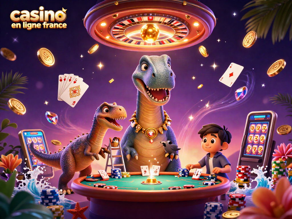 Jouez au meilleur casino en ligne France avec une incroyable illustration 3D de dinosaures et cartes de poker.
