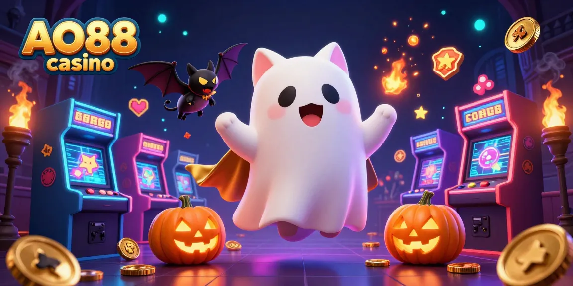 Experience thrilling moments at AO88 casino with a friendly ghost cat and vampire bat in a haunted atmosphere.