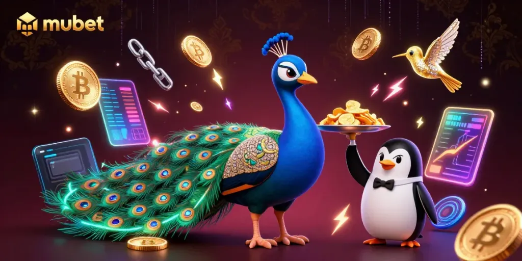Experience excitement at mubet with a vibrant 3D scene featuring a peacock, penguin, and hummingbird amidst glowing cryptocurrency elements.