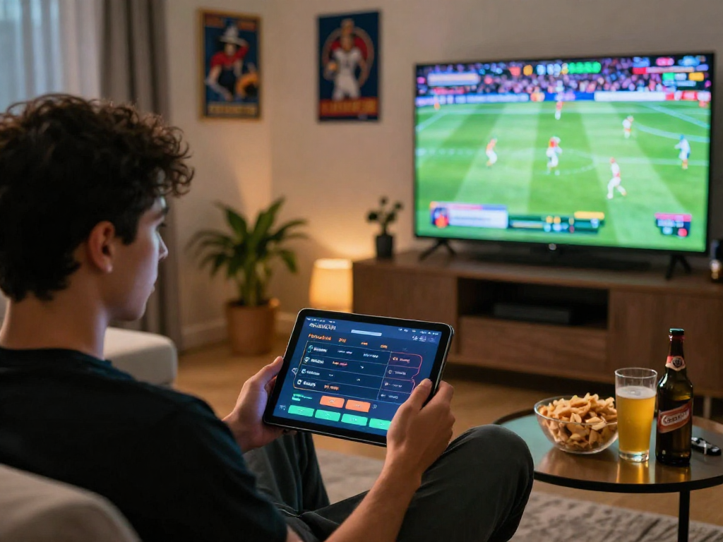 Player enjoying the http://oxbet-app.com online betting experience at home with sports memorabilia and live events on screen.