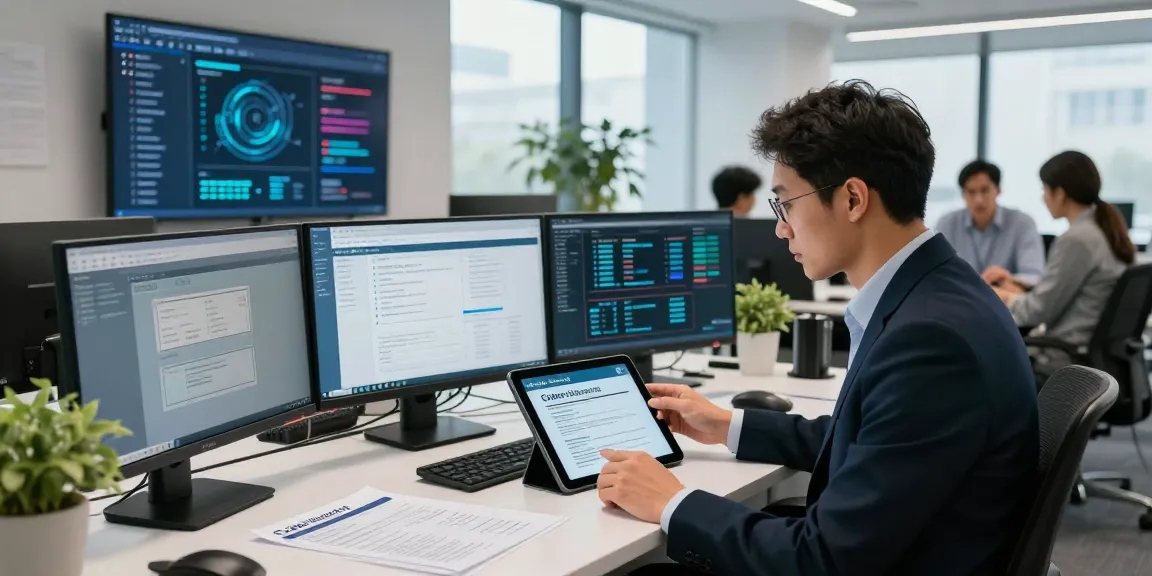 Cyber Essentials questionnaire analysis by cybersecurity expert in a modern office setting, showcasing professional compliance efforts.