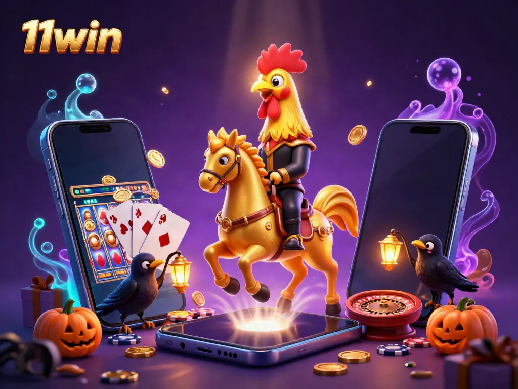 Spin the reels at 11win in an enchanting casino scene with a golden rooster and friends.
