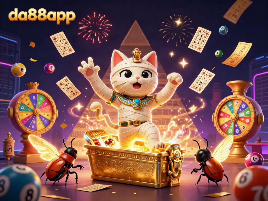 Experience the thrill of da88app with an Egyptian mummy cat and golden treasures in a vibrant casino.