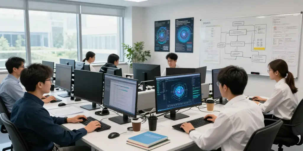 Diverse team collaborating on enterprise AI models in a modern workspace with vibrant displays and technical resources.