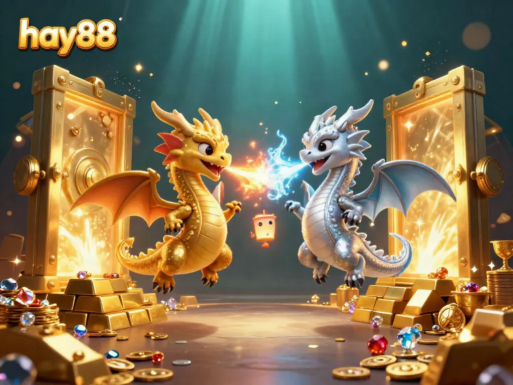 Cascade through the thrilling offerings at hay88, featuring vibrant dragons amidst a treasure-laden casino scene.