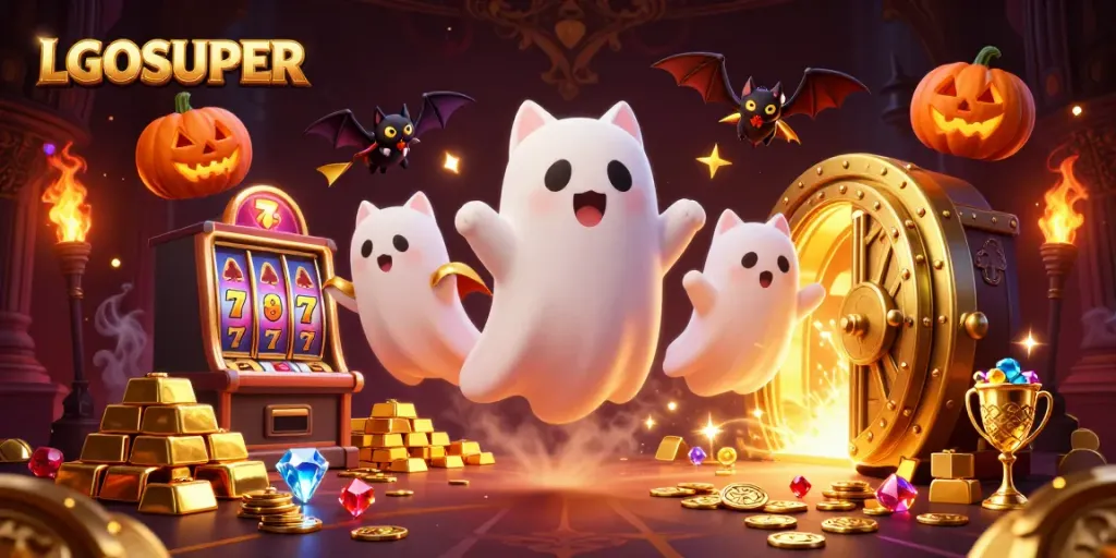 Engage with LGOSUPER in a dynamic haunted casino scene filled with treasures and slot machines.
