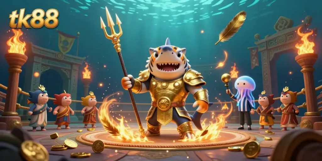 Experience thrilling action with tk88 in this vibrant underwater gladiator scene.