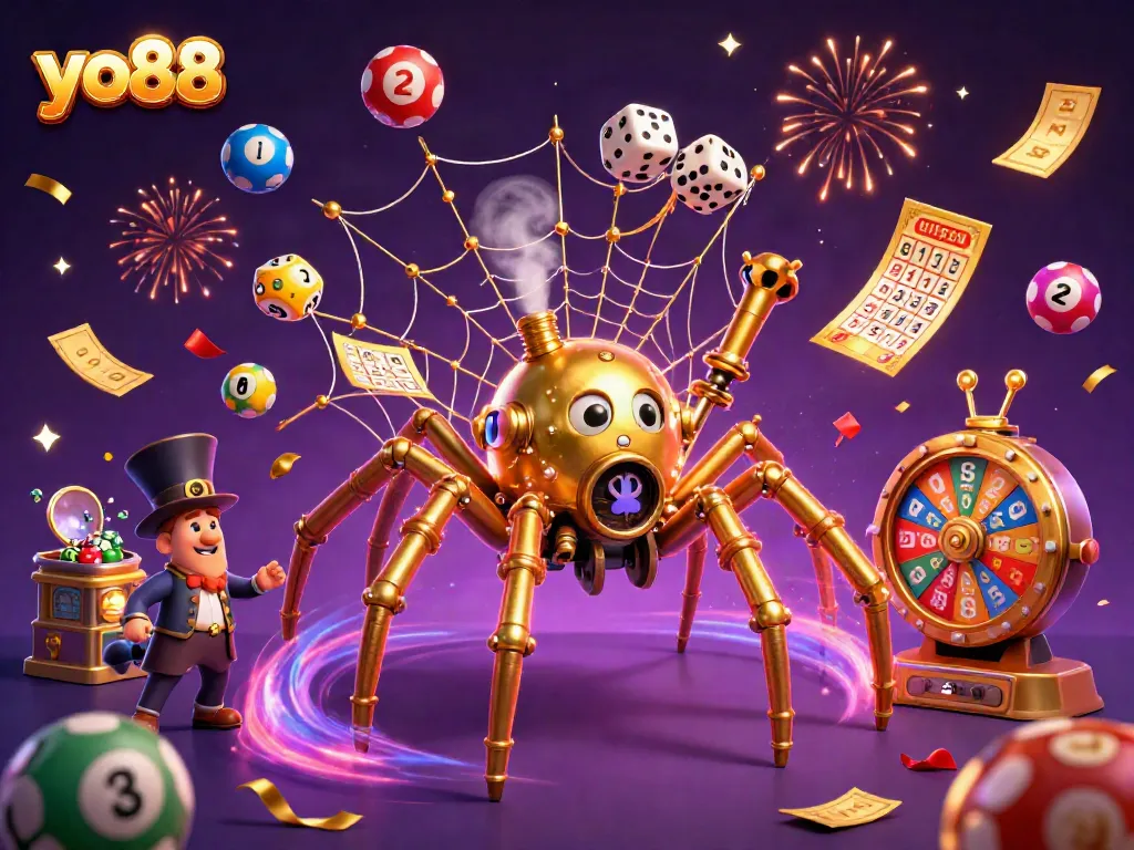 Engaging yo88 illustration showcasing a steampunk spider capturing dice and vibrant lottery elements.