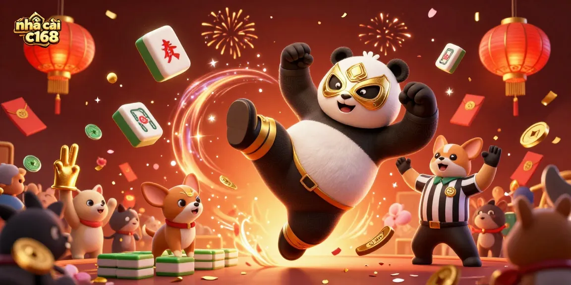 Engage with the thrilling action at nhà cái c168 featuring an exciting wrestling panda, exciting fireworks, and vibrant celebrations.