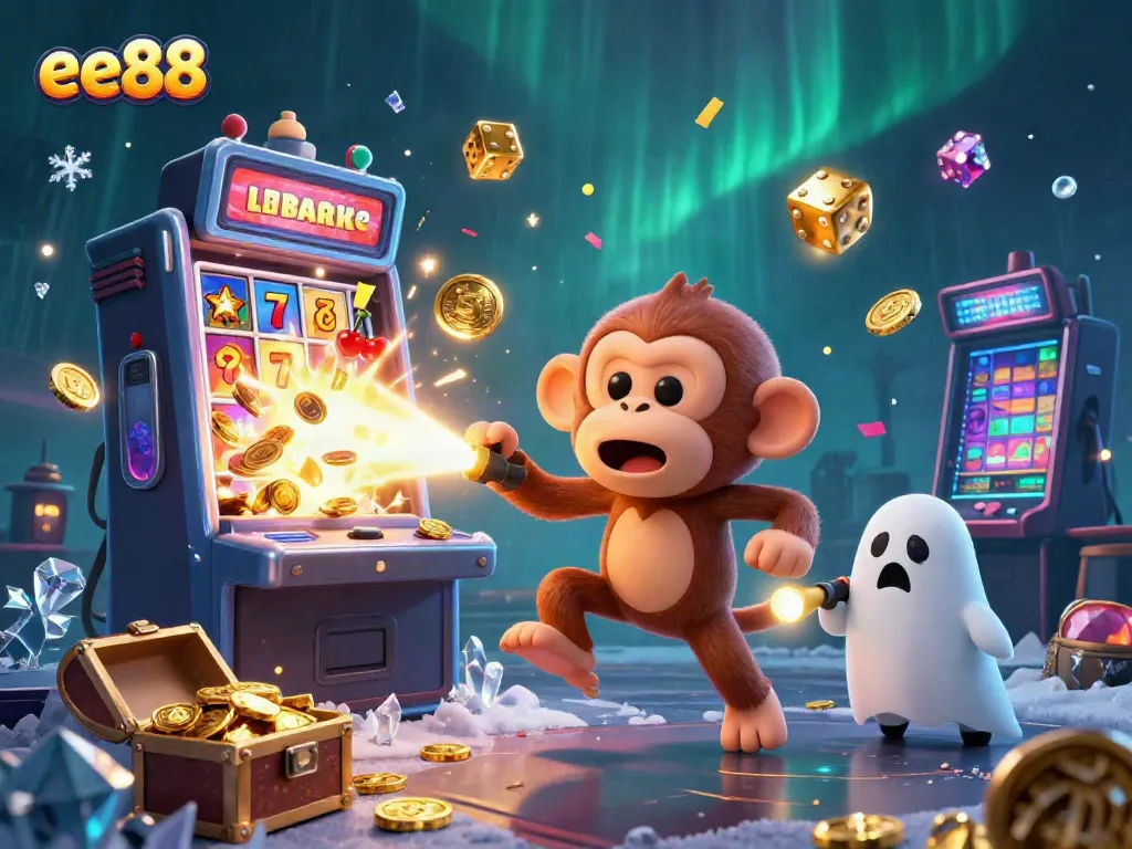 Win big at ee88 with a mischievous poltergeist monkey and a curious puppy in a vibrant casino scene.