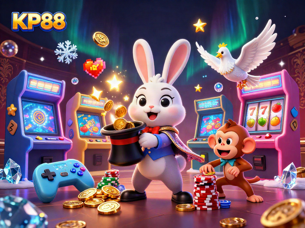Experience KP88 excitement with a dazzling magician rabbit, coins, and poker chips!