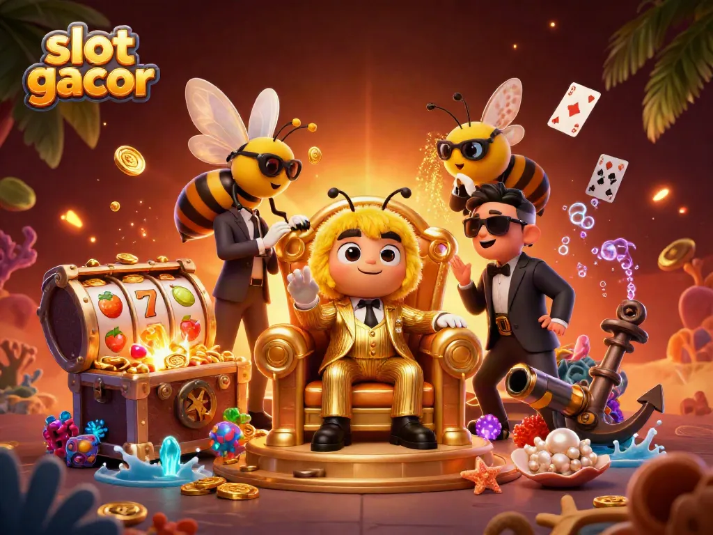 Engage with slot gacor in this vibrant 3D scene showcasing casino elements and character interactions.