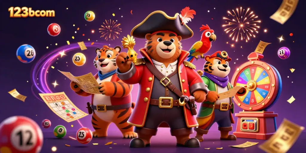 Engage in thrilling games at 123bcom with a vibrant scene featuring a pirate bear, tiger, and dynamic lottery elements.