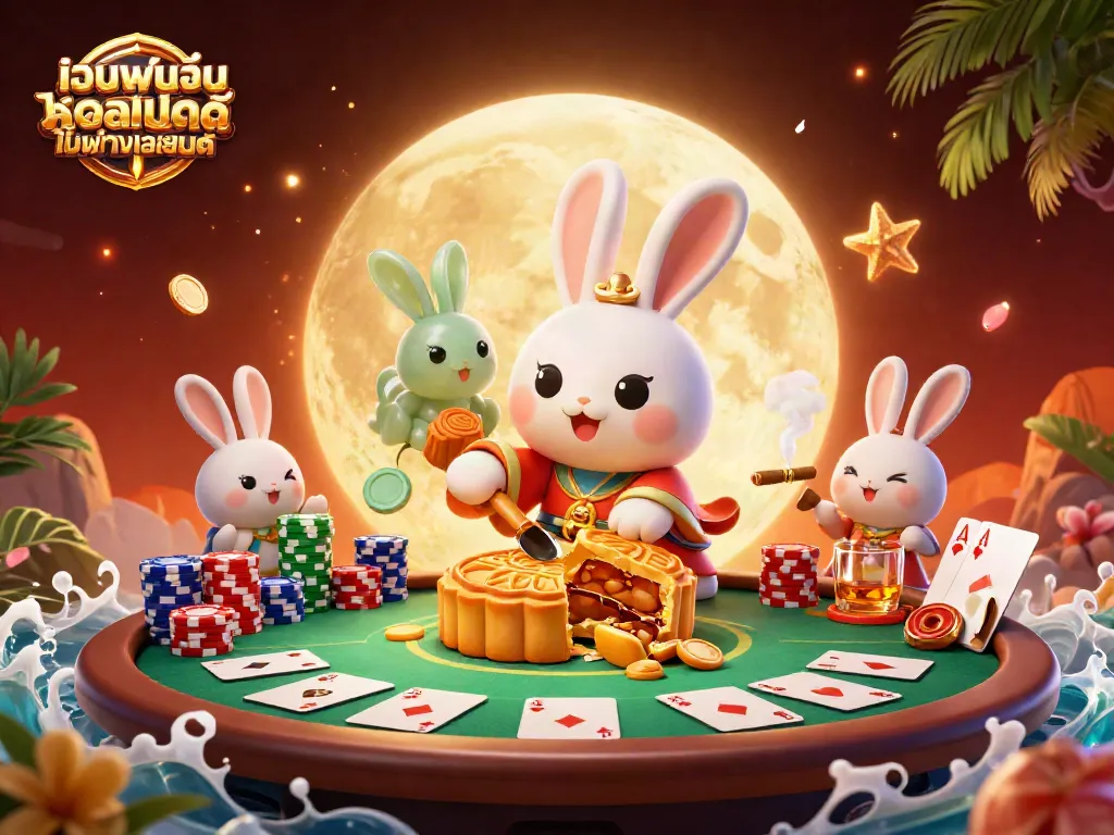 ภาพการเล่นเกมจาก เว็บพนันออนไลน์ ไม่ผ่านเอเย่นต์ ฝูงกระต่ายดวงจันทร์กำลังตีขนมในสภาพแวดล้อมการพนัน