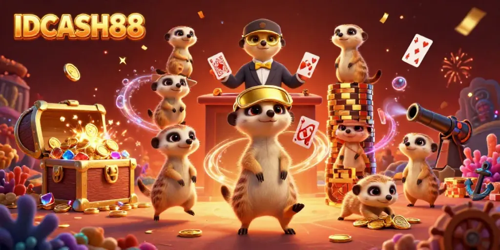 Experience the thrilling casino adventure with IDCASH88, meerkats managing games and treasure.