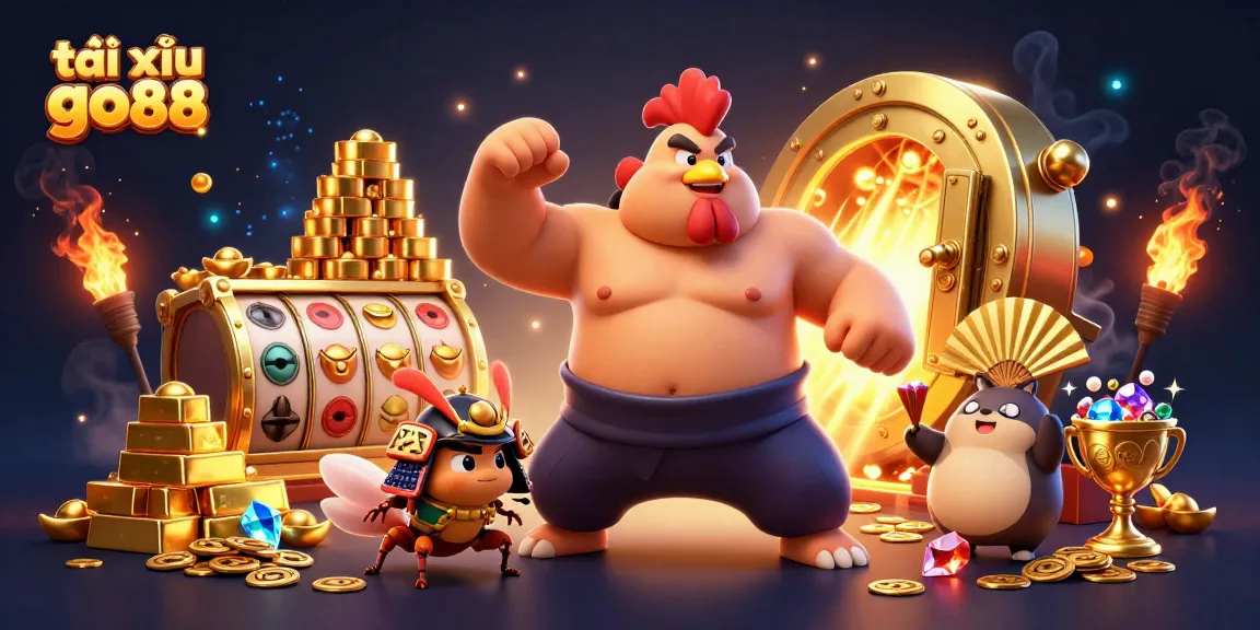 Tài xỉu go88 engaging players with a sumo wrestler, samurai cricket, and tanuki surrounded by treasures.