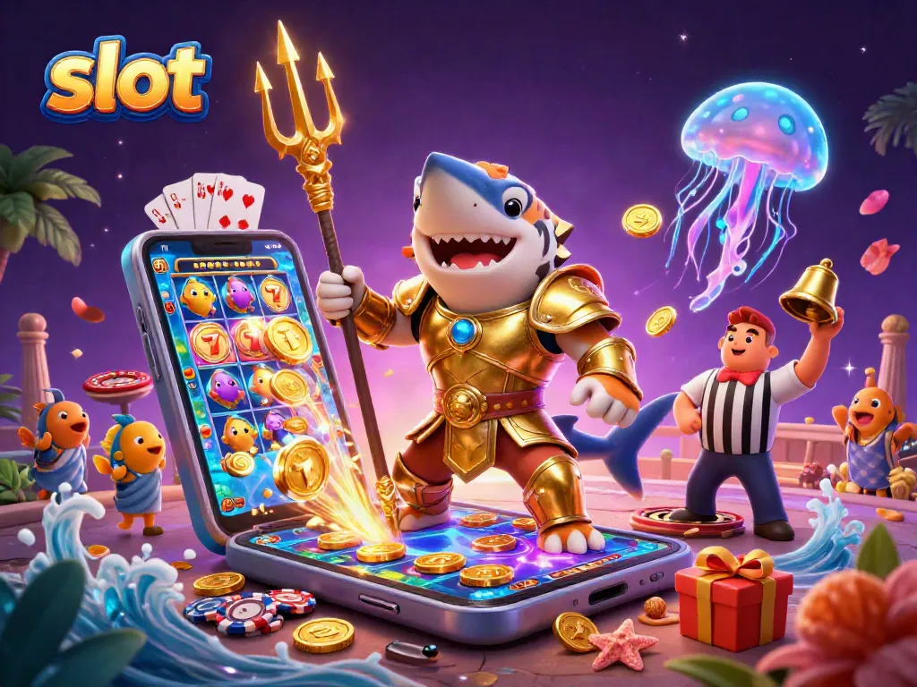 Experience thrilling slot action with a 3D tiger shark in a golden arena, featuring exciting game elements.