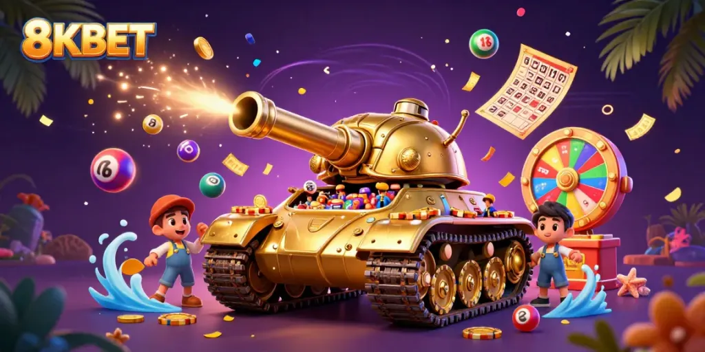 Experience the thrill of 8KBET with a magical casino within a golden beetle tank, bursting with lottery excitement.