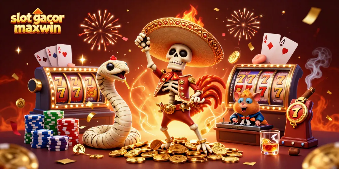 A dynamic scene celebrating slot gacor maxwin with festive characters and casino elements, showcasing excitement and winning vibes.