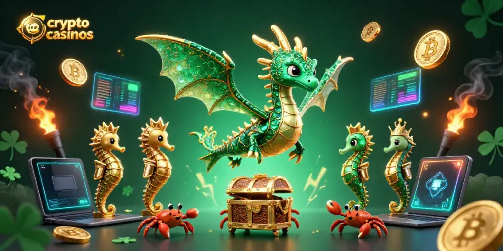 Experience winning with top crypto casinos in a vibrant, detailed 3D scene featuring cryptocurrency elements.