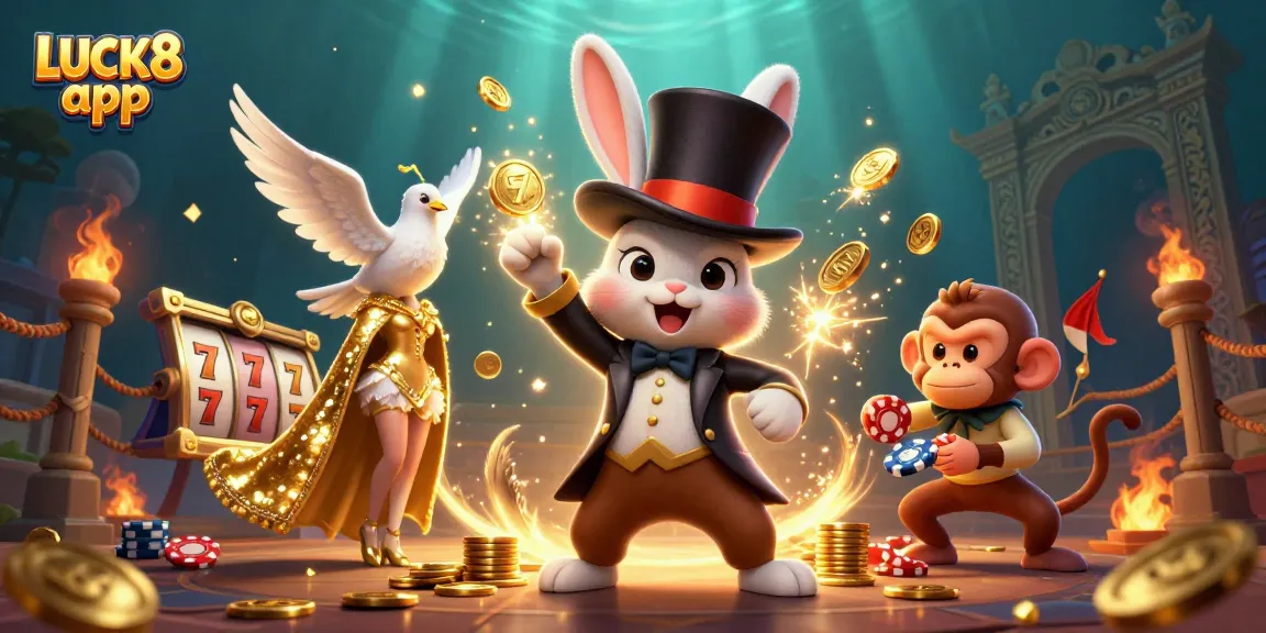 Experience the excitement with LUCK8 app, featuring a magician rabbit and vibrant casino elements.