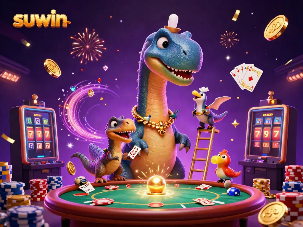 Experience thrilling gameplay with suwin in a vibrant casino scene featuring dynamic characters and sparkling elements.