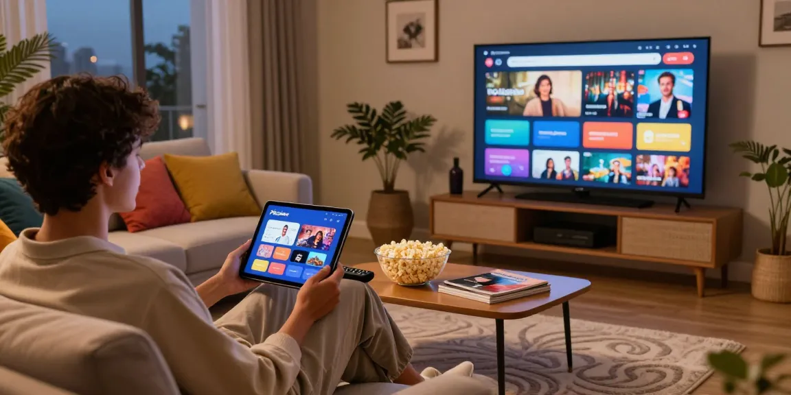 Pikashow APK download shown on tablet in modern living room setting, illustrating a cozy streaming experience.