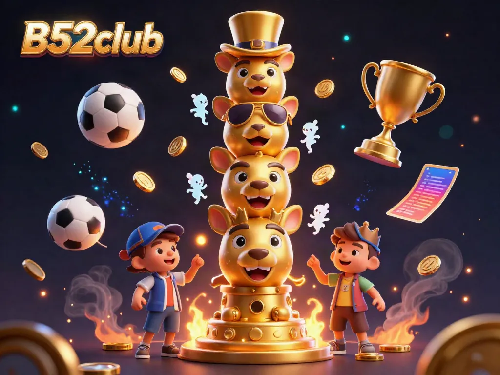 B52club energizes players with a vibrant 3D illustration of a golden totem pole and dynamic sports elements, reflecting an exciting gaming atmosphere.
