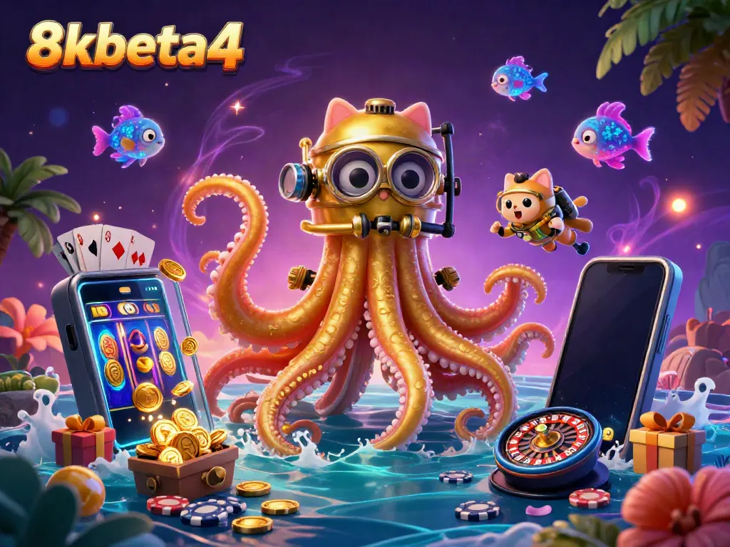 Experience thrilling gameplay at 8xbeta4 with a kraken and diving cat in a treasure-rich scene.