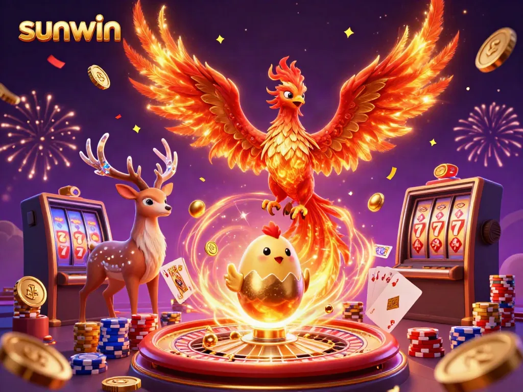 Experience thrilling wins with sunwin as phoenix and stag soar over a vibrant casino scene.